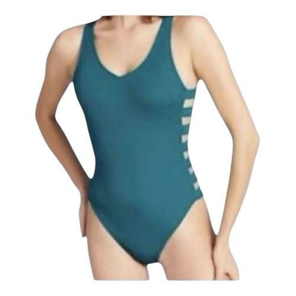 SHADE & SHORE Green Ribbed Strappy One Piece Size Small Swimsuit Medium Coverage